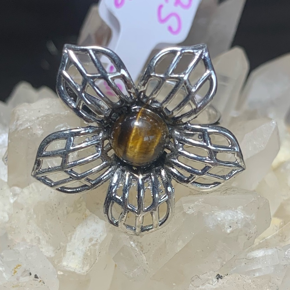 Solid Sterling Flower Ring With Tigers Eye - image 2